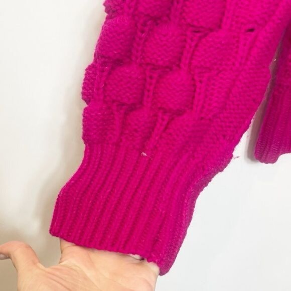 Elodie Chunky Knit Ribbed Neck Sweater Bright Pink Orchid Bubble Sleeve Sz Large - Picture 3 of 8